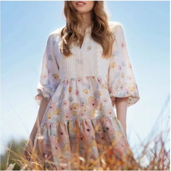 Sachin & Babi Moyer Dress Tuxedo Pleat Bodice Floral Print 3/4 Sleeve Linen L - Picture 5 of 8